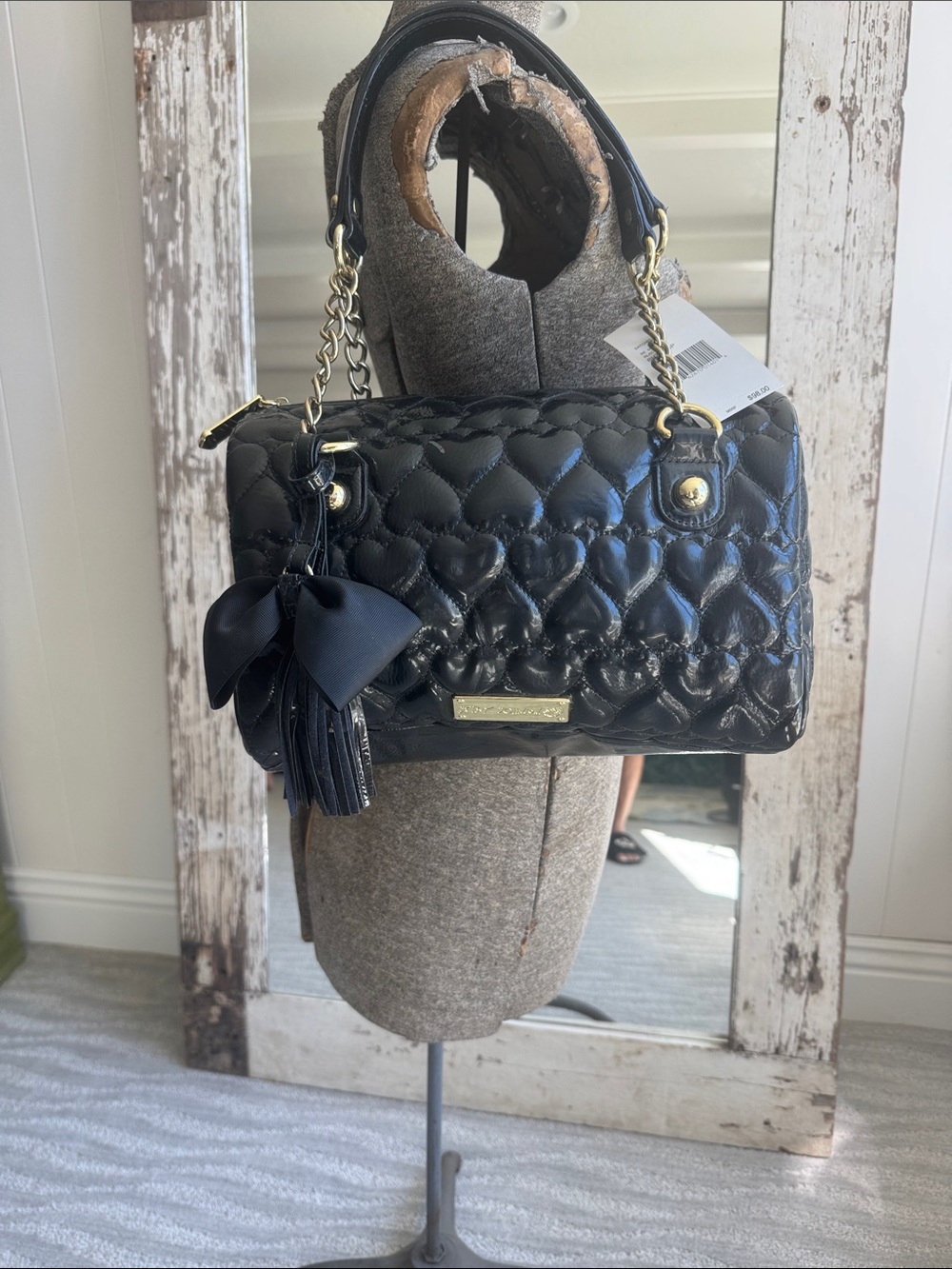 Betsey Johnson Black Quilted Heart Shoulder Bag with Bow Tassel